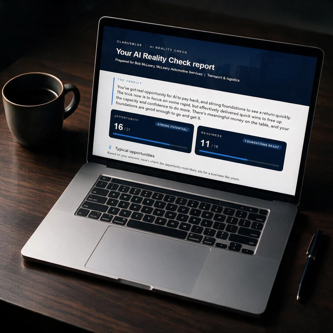 An example AI Reality Check report shown on a laptop screen, with the verdict and the opportunity and readiness scores visible.