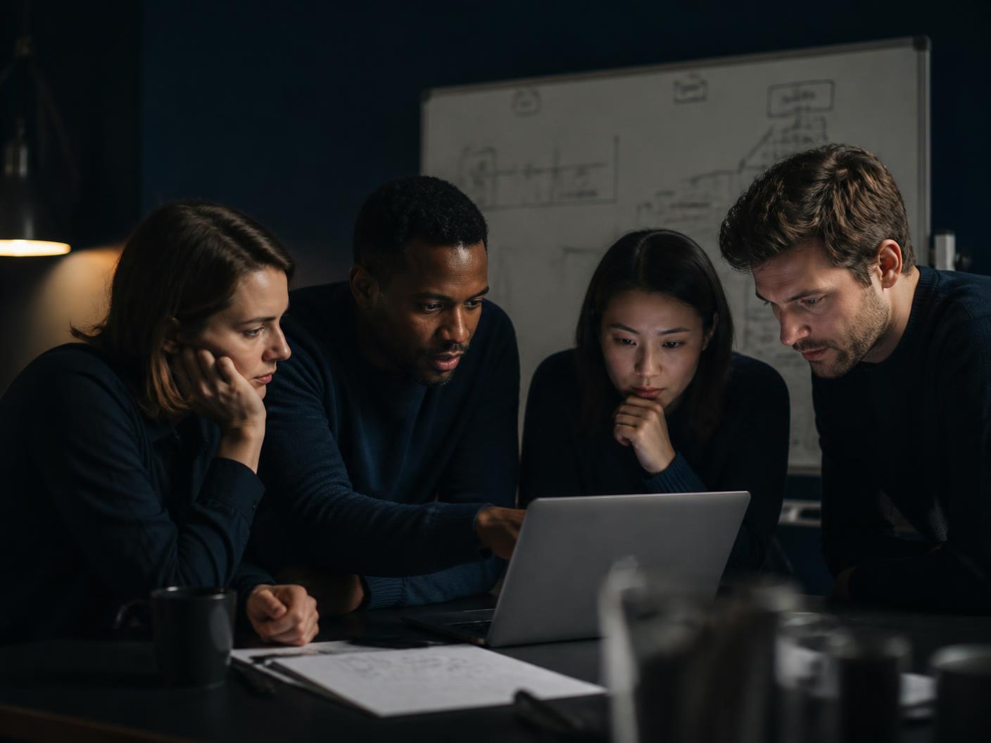 Colleagues working together around a laptop during the workshop
