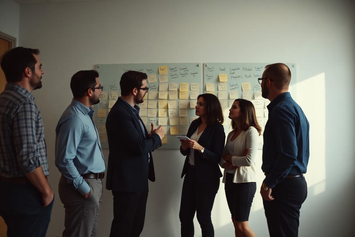 Colleagues standing in front of a wall of handwritten cards during a workshop