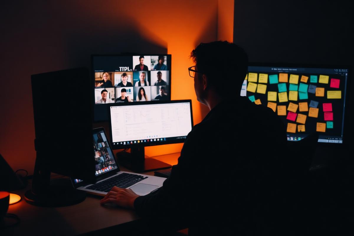A person on a video call at a desk with a shared board of coloured notes on a second screen